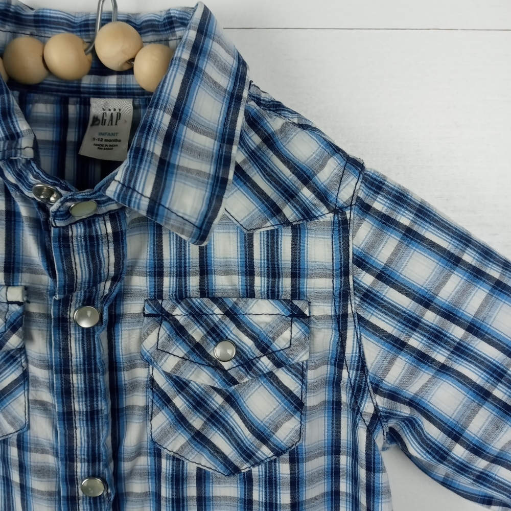 Baby Gap boys size 6-12 mos plaid pearl snap western top collared, full button - Picture 2 of 7
